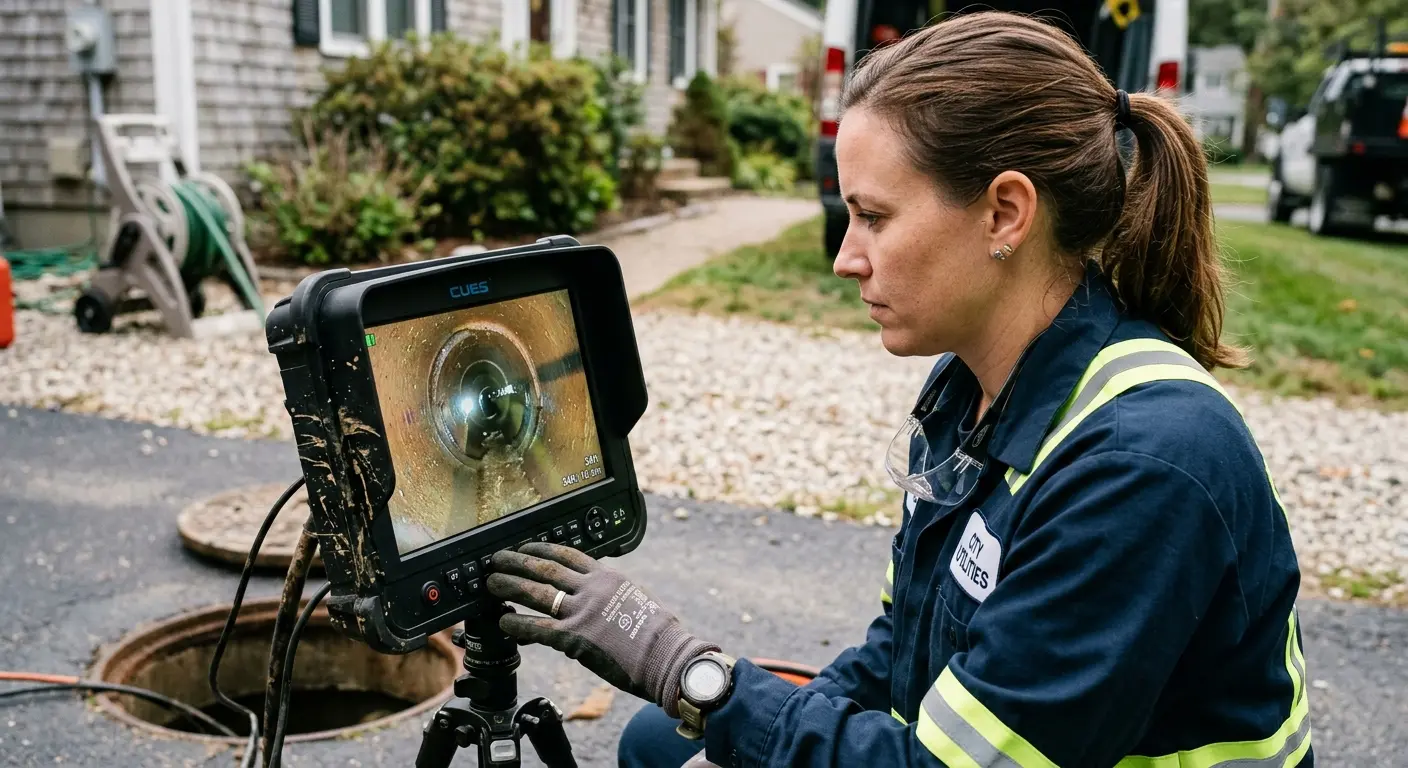 Technician reviewing sewer camera inspection footage in Modesto
