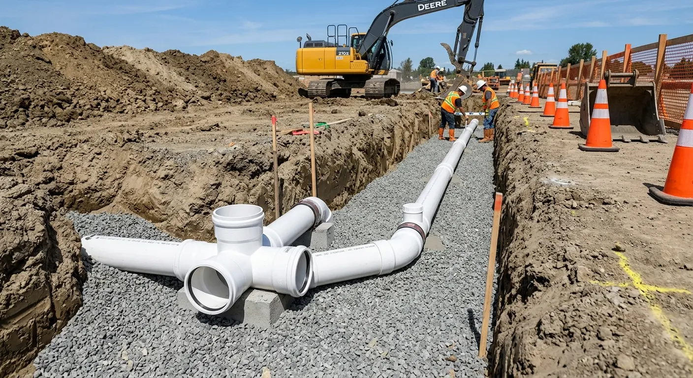 New PVC sewer pipe installation in open trench for Sewer Backup in Modesto